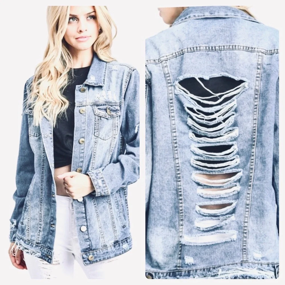 MONO B Oversized Denim Jean Jacket Distressed Cotton Women’s Size M - Picture 1 of 16